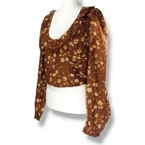 Free People Another Life Floral Ruched Puff Sleeve Crop Top Cappuccino S Boho